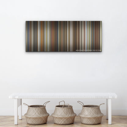 Three Thousand Years of Longing color palette canvas above a white bench with three woven baskets