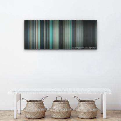 Night Swim color palette canvas above a white bench with three woven baskets