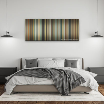 American Fiction color palette canvas above a bed, between two black pendant lamps