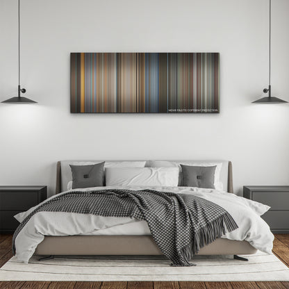 Mission: Impossible - Dead Reckoning Part One color palette canvas above a bed, between two black pendant lamps