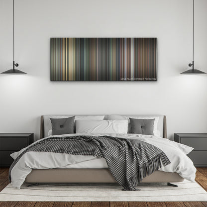 Everything Everywhere All at Once color palette canvas above a bed, between two black pendant lamps
