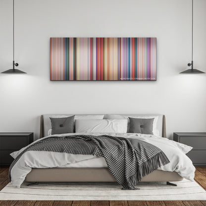 The Super Mario Bros. Movie color palette canvas above a bed, between two black pendant lamps