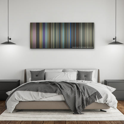 The Beekeeper color palette canvas above a bed, between two black pendant lamps