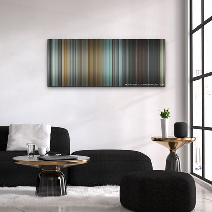 Jurassic World: Dominion color palette canvas above a black sofa with a gold-topped table