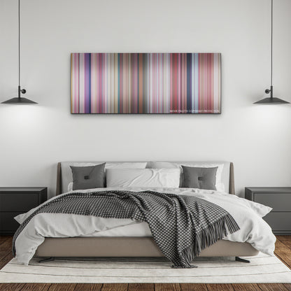 Barbie color palette canvas above a bed, between two black pendant lamps