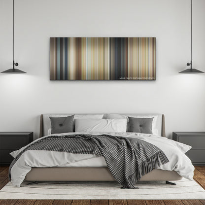Anyone But You color palette canvas above a bed, between two black pendant lamps