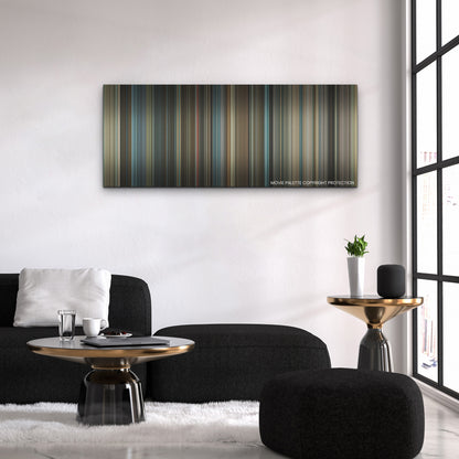 One Life color palette canvas above a black sofa with a gold-topped table