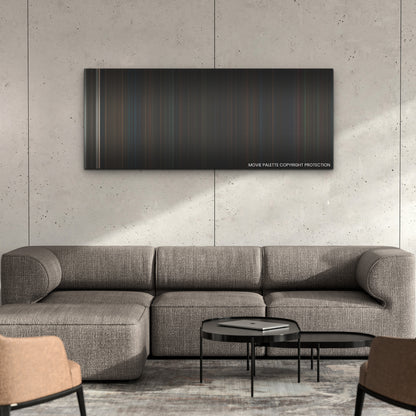 Evil Dead Rise color palette canvas on a concrete wall above a gray sectional sofa