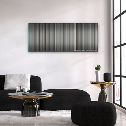 Belfast color palette canvas above a black sofa with a gold-topped table