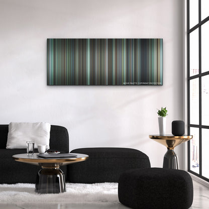 Decision to Leave color palette canvas above a black sofa with a gold-topped table