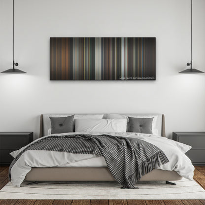 Barbarian color palette canvas above a bed, between two black pendant lamps