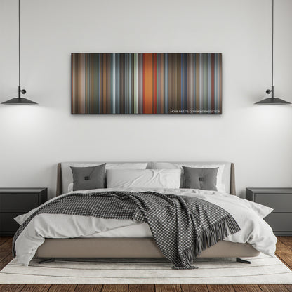 The Man from Toronto color palette canvas above a bed, between two black pendant lamps