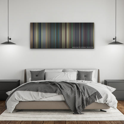 White Noise color palette canvas above a bed, between two black pendant lamps