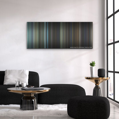 Insidious: The Red Door color palette canvas above a black sofa with a gold-topped table