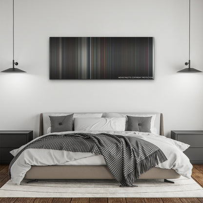 Hellraiser color palette canvas above a bed, between two black pendant lamps