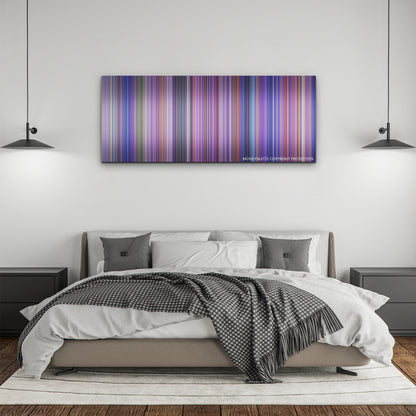 Inside Out 2 color palette canvas above a bed, between two black pendant lamps