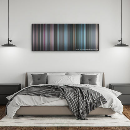 The Fix color palette canvas above a bed, between two black pendant lamps