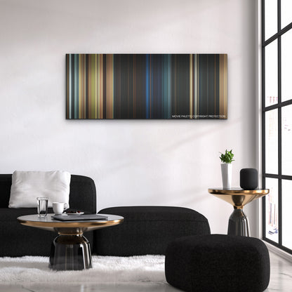 Damsel color palette canvas above a black sofa with a gold-topped table