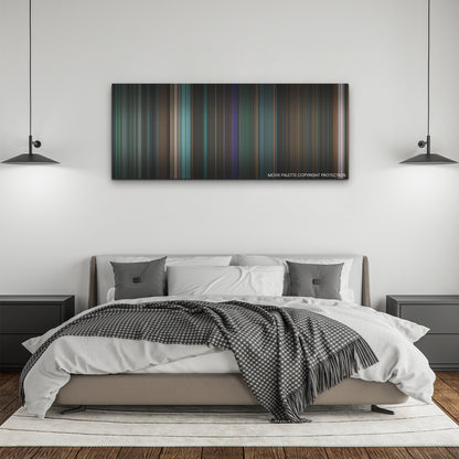 Venom: Let There Be Carnage color palette canvas above a bed, between two black pendant lamps