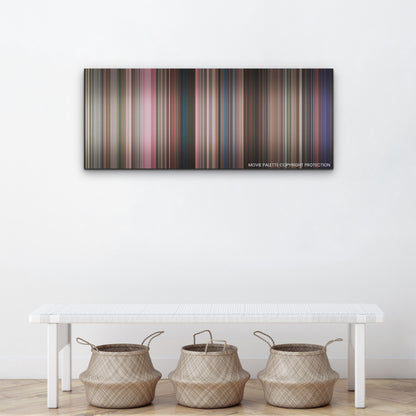 Mean Girls color palette canvas above a white bench with three woven baskets