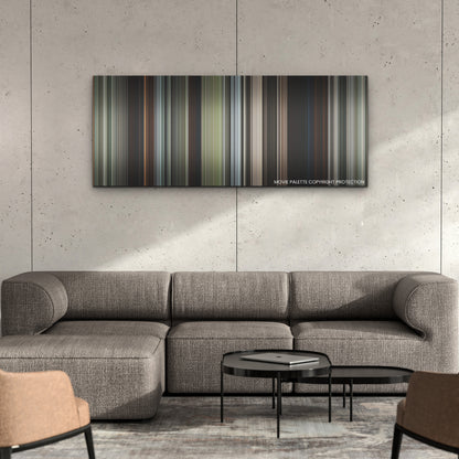 Kingdom of the Planet of the Apes color palette canvas on a concrete wall above a gray sectional sofa