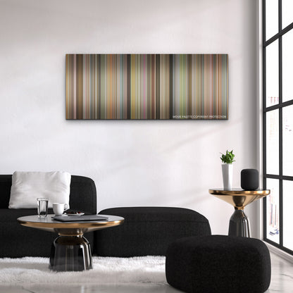 Unfrosted color palette canvas above a black sofa with a gold-topped table
