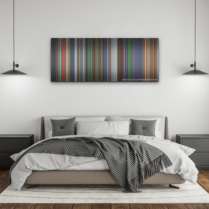 The Witcher: Nightmare of the Wolf color palette canvas above a bed, between two black pendant lamps