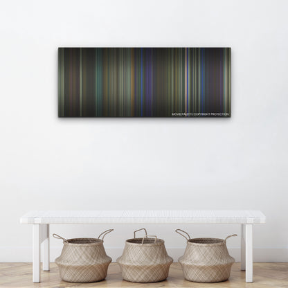 They Cloned Tyrone color palette canvas above a white bench with three woven baskets