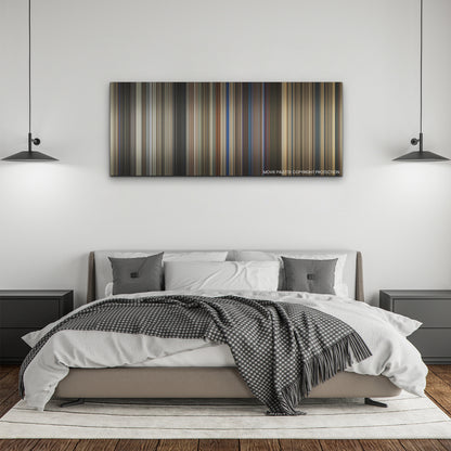 The Family Plan color palette canvas above a bed, between two black pendant lamps
