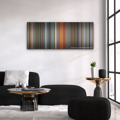 The Man from Toronto color palette canvas above a black sofa with a gold-topped table