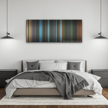 John Wick: Chapter 4 color palette canvas above a bed, between two black pendant lamps