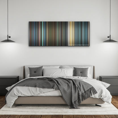 Heart of Stone color palette canvas above a bed, between two black pendant lamps