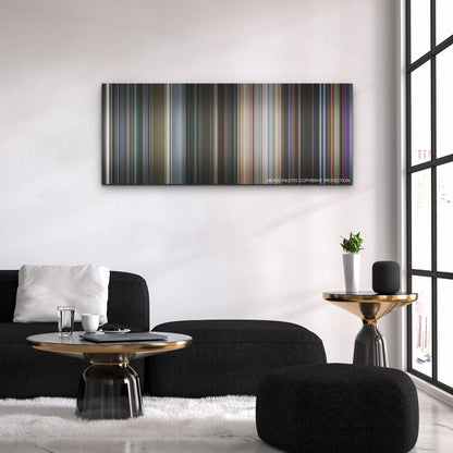 The Marvels color palette canvas above a black sofa with a gold-topped table