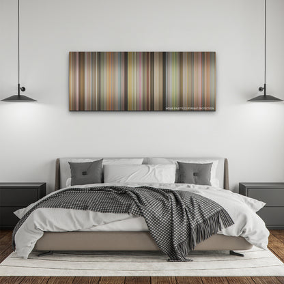 Unfrosted color palette canvas above a bed, between two black pendant lamps