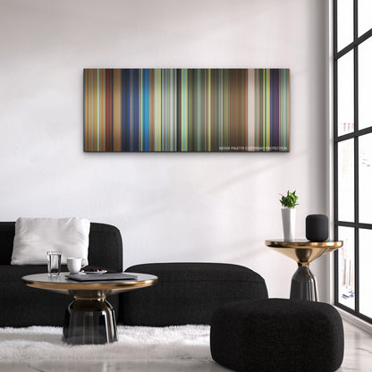 Chicken Run: Dawn of the Nugget color palette canvas above a black sofa with a gold-topped table
