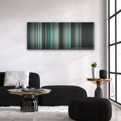 Night Swim color palette canvas above a black sofa with a gold-topped table