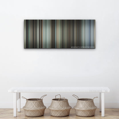 Godzilla Minus One color palette canvas above a white bench with three woven baskets