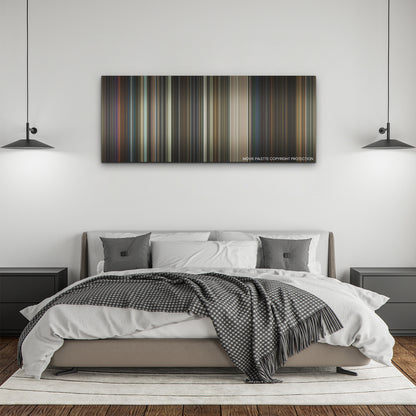The Gray Man color palette canvas above a bed, between two black pendant lamps