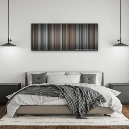 T√°r color palette canvas above a bed, between two black pendant lamps