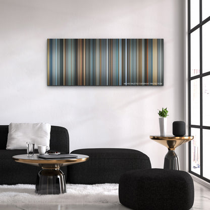 House of Gucci color palette canvas above a black sofa with a gold-topped table
