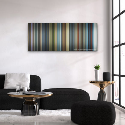 The Tomorrow War color palette canvas above a black sofa with a gold-topped table