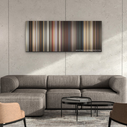 Licorice Pizza color palette canvas on a concrete wall above a gray sectional sofa