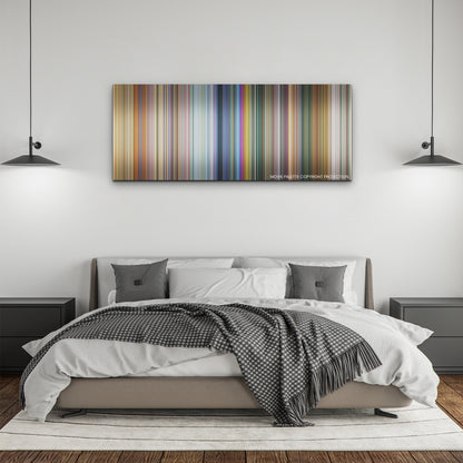 The Bad Guys color palette canvas above a bed, between two black pendant lamps