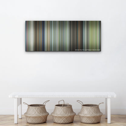 Leave the World Behind color palette canvas above a white bench with three woven baskets