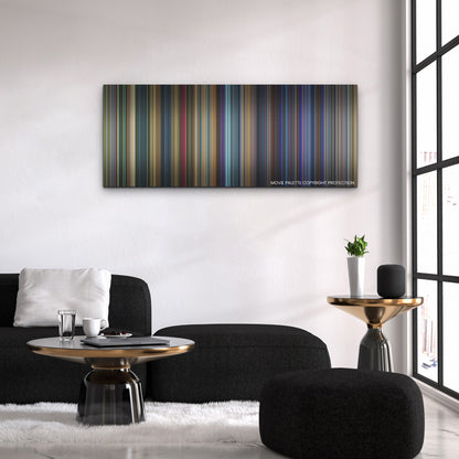 Godzilla vs. Kong color palette canvas above a black sofa with a gold-topped table