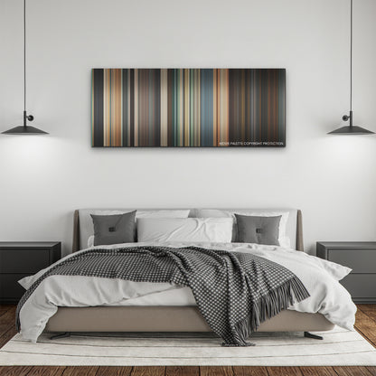 Day Shift color palette canvas above a bed, between two black pendant lamps