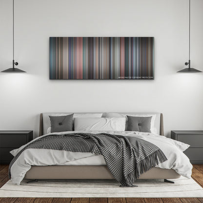 Don't Look Up color palette canvas above a bed, between two black pendant lamps