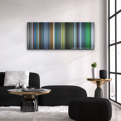 Aquaman and the Lost Kingdom color palette canvas above a black sofa with a gold-topped table