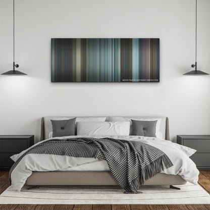 The Adam Project color palette canvas above a bed, between two black pendant lamps