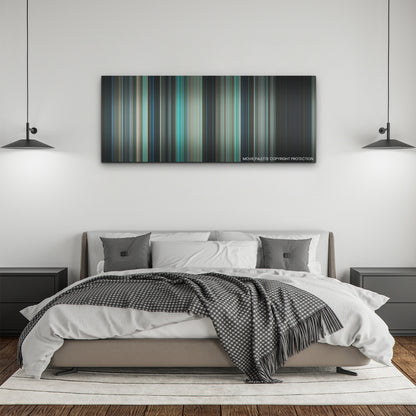 Night Swim color palette canvas above a bed, between two black pendant lamps